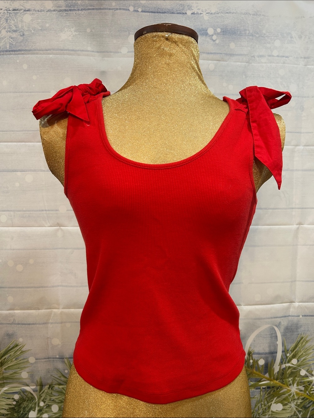 French Connection Red Tie-Shoulder Ribbed Tank